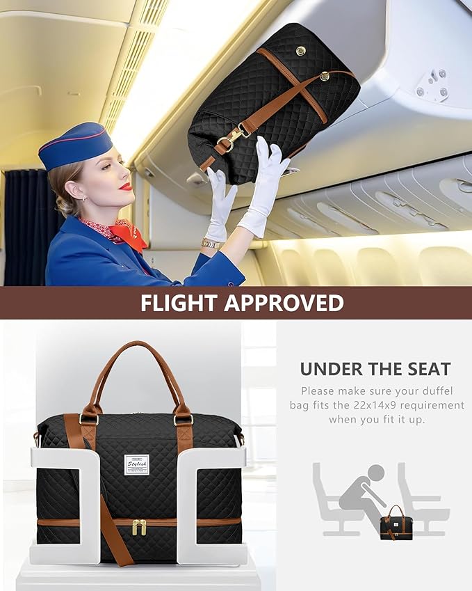 Travel Weekender Bags for Women Duffle - Carry on Overnight Bag with Shoe Compartment & Toiletry Gym Duffel Bags with Wet Pocket Hospital for Labor and Delivery Black Brown