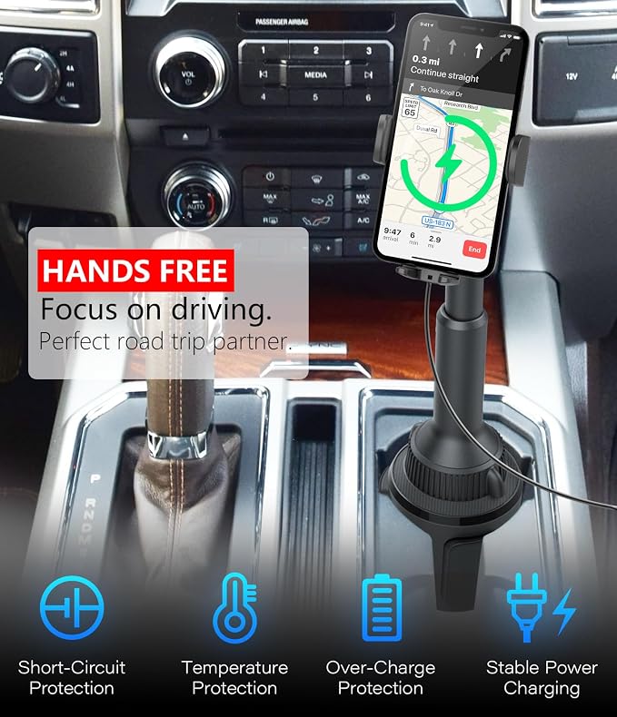 APPS2Car 15W Qi Wireless Car Charger Solid Cup Holder Mount, Adjustable Long Arm & 360° Rotation, Fits 3"–4" Round Cup Holders, Works with Cases ≤ 4 mm (No Metal Attachments)