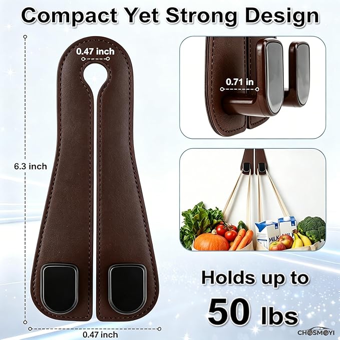 CHOSMOYI Leather Car Headrest Hooks for Purses & Bags, 2 Pack Heavy Duty Seat Back Organizer, Double Car Hooks for Groceries & Handbags, Universal Interior Accessories (Brown)