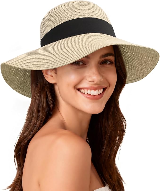 Beach Hat for Women, Wide Brim Sun Straw Hats for Women, Sun Hat Womens UPF 50+ UV Protection, Floppy Foldable Summer Hats