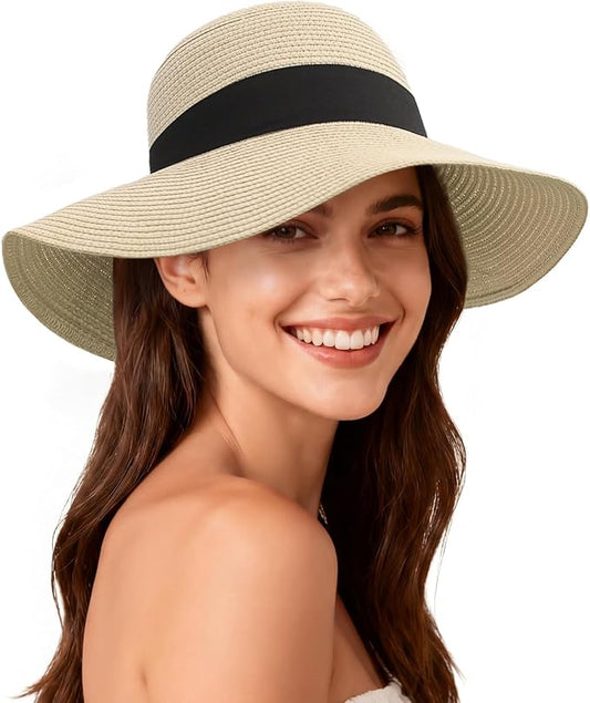Beach Hat for Women, Wide Brim Sun Straw Hats for Women, Sun Hat Womens UPF 50+ UV Protection, Floppy Foldable Summer Hats