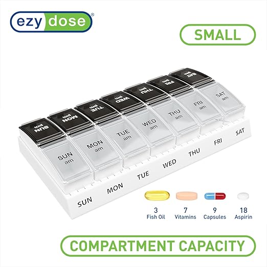 EZY DOSE Weekly (7-Day) AM/PM Pill Case, Medicine Planner, Vitamin Organizer, Small Pop-Out Compartments, 2 Times a Day, Black and Clear Lids (Pack of 2)