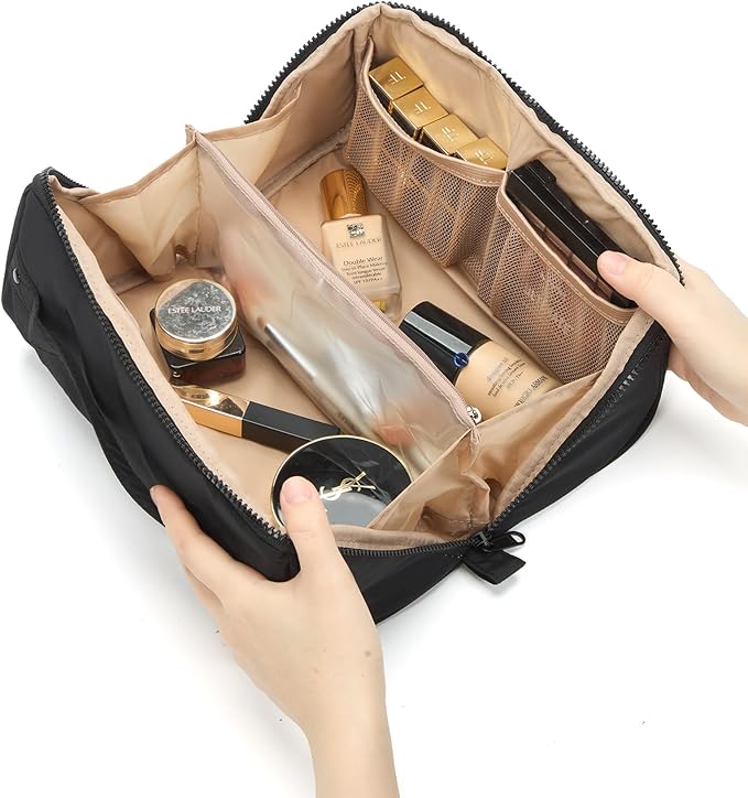 NISHEL Travel Makeup Bag for Women, Fluffy & Lightweight Open Flat Cosmetic Organizer with Multiple Functional Divider for Brush Independent Storage, Handle for Easy Portability, Large, Black