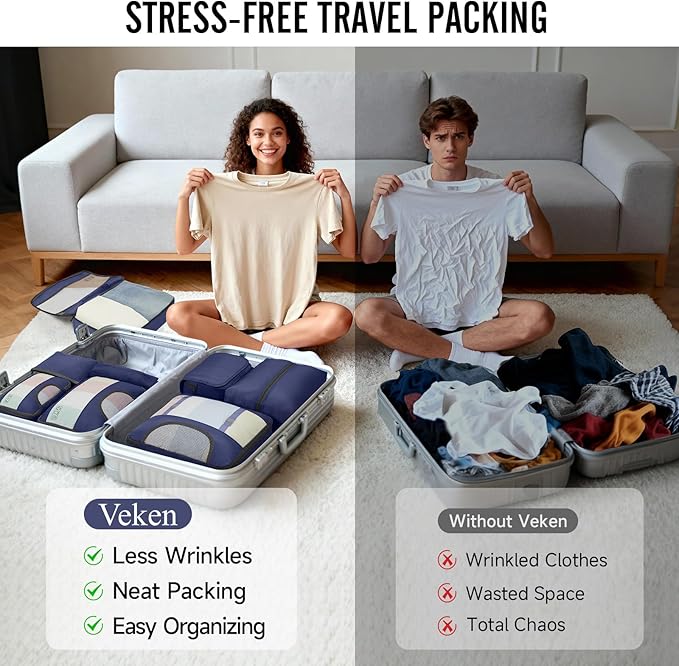 Veken 8 Set Packing Cubes for Travel Essentials,Anti-Wrinkle Buckled Suitcase Organizer for Shoe & Toiletry Bag,Carry On Luggage Bag for Airplane & College Dorm Room Accessories,Women Men Gifts