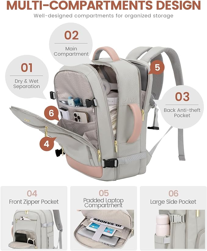 LOVEVOOK Travel Backpack For Women, 40L Carry On Backpack Flight Approved, TSA Personal Item Travel Bag Fits 17 Inch Laptop, Business Weekender Overnight Waterproof Daypack With 2 Cubes, Grey-Pink