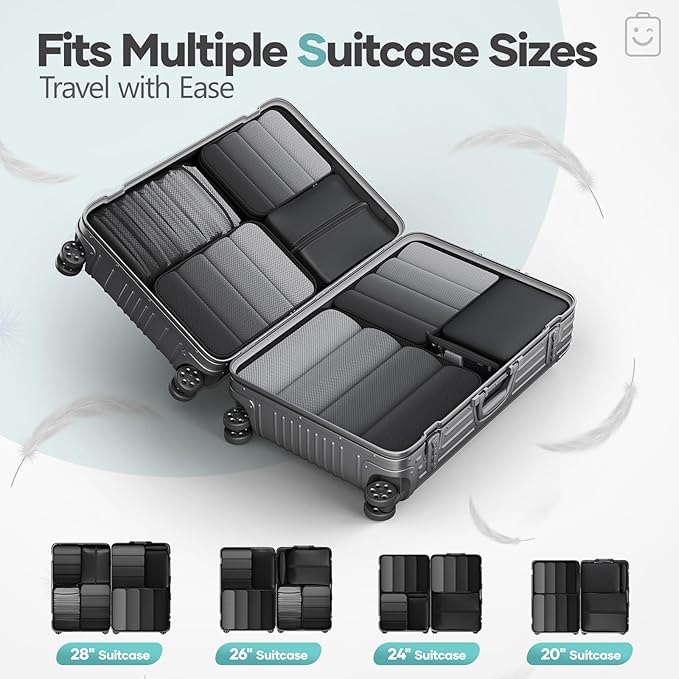 Veken 8 Set Compression Packing Cubes for Travel Essentials,Compressible Expandable Large Luggage Suitcase Organizer Bags for Clothing,Durable Space Saver Storage Bags with Toiletry Bags(Black)