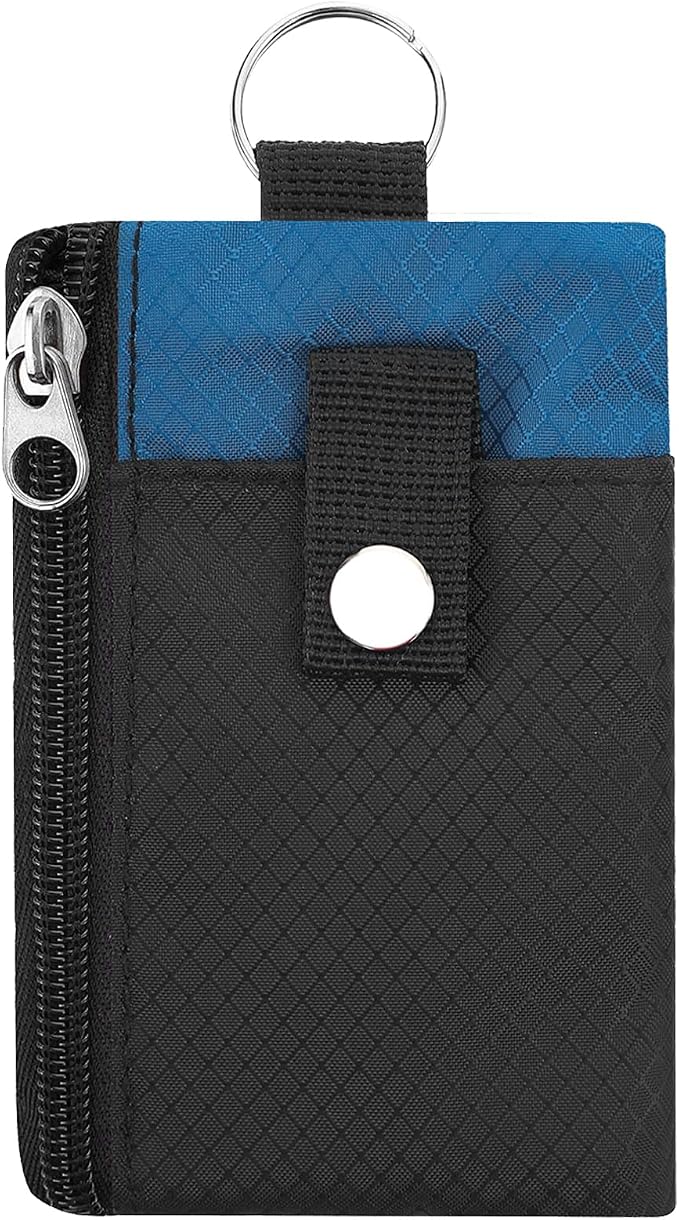 Minimalist Small Wallet for Men Women with 2 Zip Pockets, Multi Functional ID Case with Keychain and Card Holder, Coin Purse Badge Lanyard Pouch for Boys Girls Travel -Black+Blue