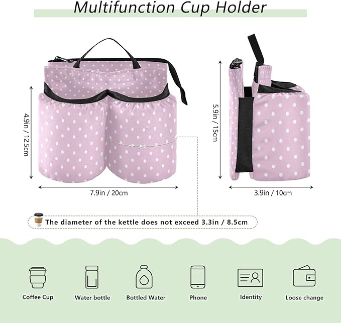 Luggage Cup Holder for Suitcases Free Hands Suitcase Cup Holder Travel Luggage Drink Holder Portable Luggage Cup Caddy Bag Carrier with Handle Pink Polka Dots