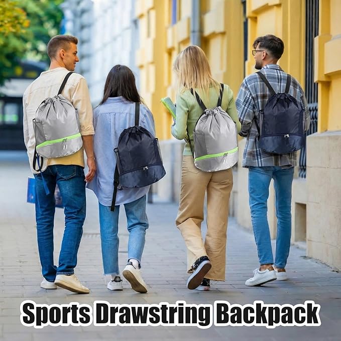 6 Pack Gym Drawstring Backpack Bags Bulk with Shoe Compartment for Sports Wet Proof Pocket for Men Women Large(Grey, Navy Blue)