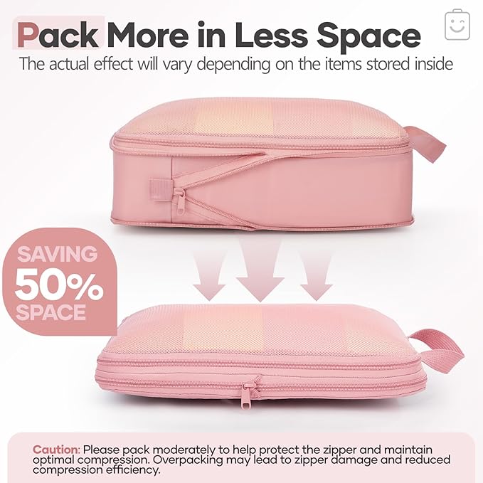 Veken 9/11 Set Compression Packing Cubes for Travel Essentials,Compressible Expandable Large Luggage Suitcase Organizer Bags for Clothing,Durable Space Saver Storage Bags with Toiletry Bags(Pink)