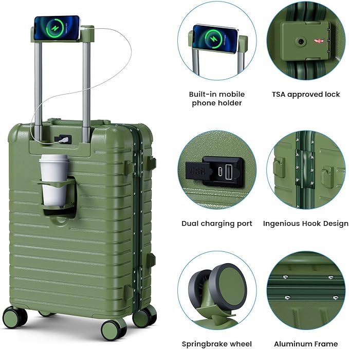 20 Inch Carry on Luggage with Cup Holder, Airline Approved 22x14x9 Aluminum Frame PC Hard Shell Suitcase, 360° Spinner Wheels, TSA Lock for Short Trips and Business Travel