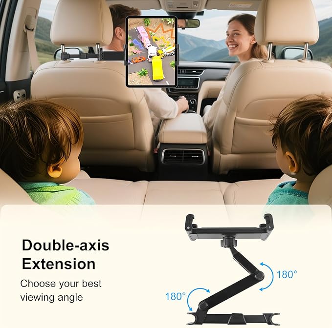 Tablet Holder for Car, 3 in 1 Extension Arm Adjustable Car Headrest Tablet Holder Road Trip Essentials Back Seat Tablets Cars Mount Compatible with iPad Pro, Air, Mini, 4.7-11" Devices