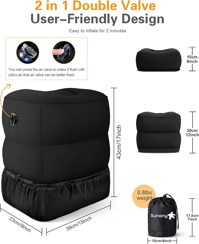 Sunany Inflatable Foot Rest Pillow for Travel, Kids/Adults Airplane Travel Pillow-Adjustable Height for Kids to Sleep While Traveling,Suitable for Airplane, Cars, Office, Home and Any Travel (Black)