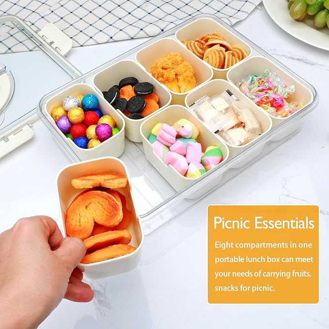 2 Pack Snackle Box Container,snack box-Divided Serving Tray with Lid and Handle with 8 Compartment,Portable Snack Serving Platters Reusable Storae Organizer for Fruits,Nuts,Candy,Party,Picnic