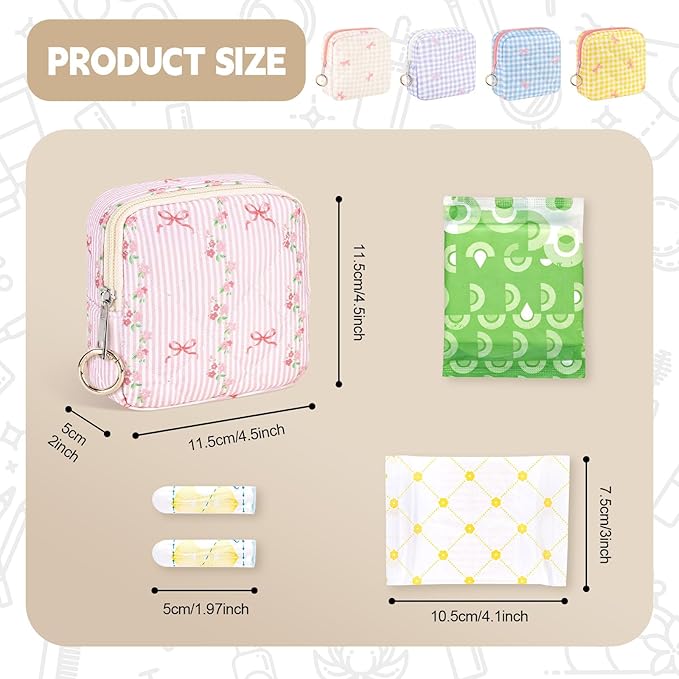 Floral Period Bag, Bow Small Period Pouches for Teen Girls, Quilted Sanitary Napkin Storage Bag, Compact Discreet Pad and Tampon Holder for Purse (Floral+Bow)
