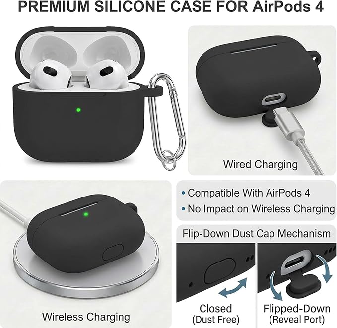for AirPods 4th Case Cover, Soft Silicone Case with Cleaner Kit, Keychain, Full Protection for Men and Women, Compatible with AirPods 4th Generation (Black)