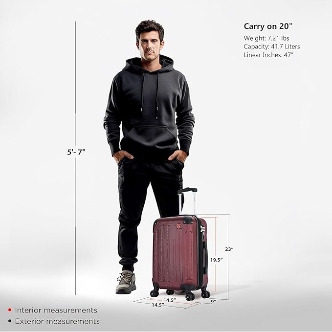 DUKAP INTELY Luggage with Integrated USB Port and Spinner Wheel | Spacious Travel Suitcase with TSA Lock and Ergonomic GEL Handle | 20 Inch Hardside Carry-On Luggage | Wine Red