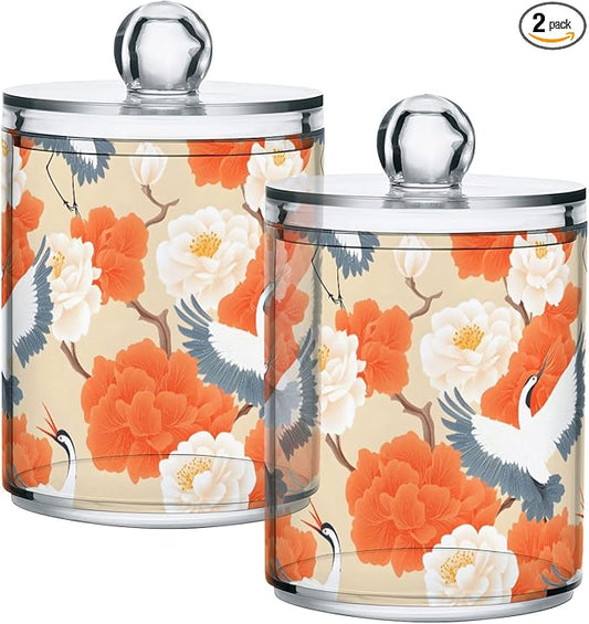 2 Pack Qtip Holder Organizer Dispenser Cranes Orange Flowers Bathroom Storage Canister Cotton Ball Holder Container for Cotton Pads/Swabs/Floss