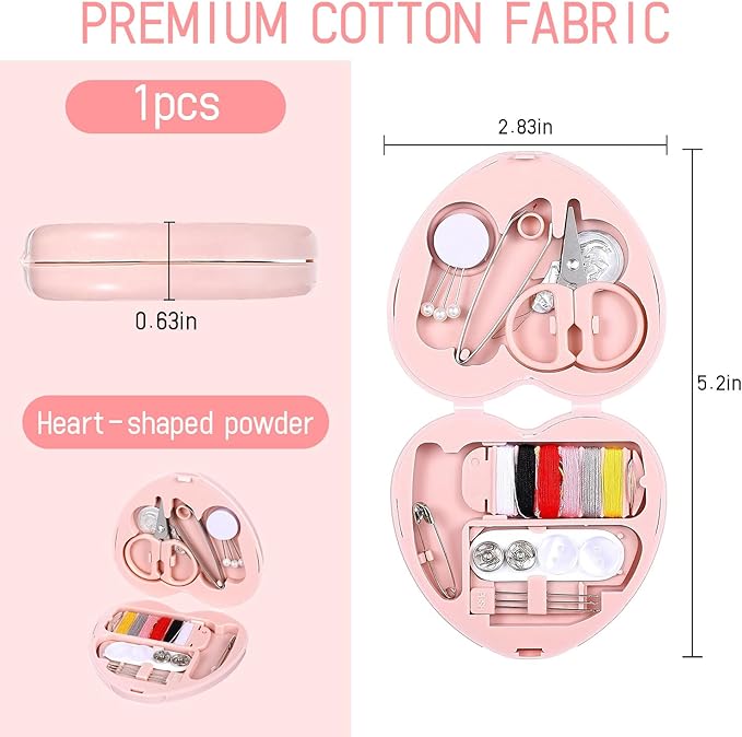 OLLBIT Heart Shaped Travel Sewing Kit Mini,Pink Portable Travel Sewing Repair Kit,DIY Sewings Box with Scissors Pins Marking Pins Thread Tweezers Needles Buttons Threading Needle(1 Pcs(Pink Heart))
