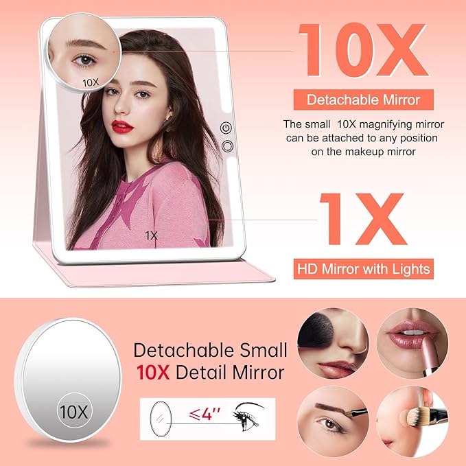 FUNTOUCH 2500mAh Large Rechargeable Travel Makeup Mirror with Lights, Portable Makeup Mirror with 10X Magnifying Mirror 3 Lighting Modes, Tabletop Folding Travel Mirror with PU Leather Cover (Pink)