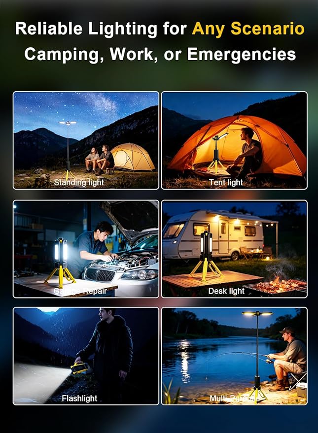 15000mAh Rechargeable Telescopic Camping Light, Portable Flashlight & Lantern with Reinforced Tripod Base, Height Adjustable Dimmable Tent Light, Power Bank for Outdoor BBQ, Hiking, Job Site, Yellow