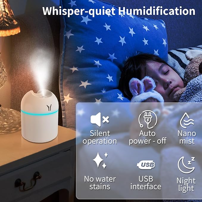 Portable Mini Humidifier, 250ML 3-in-1 Cool Mist With Aroma Pads, Colorful Night Light, USB for Car and Travel (White)