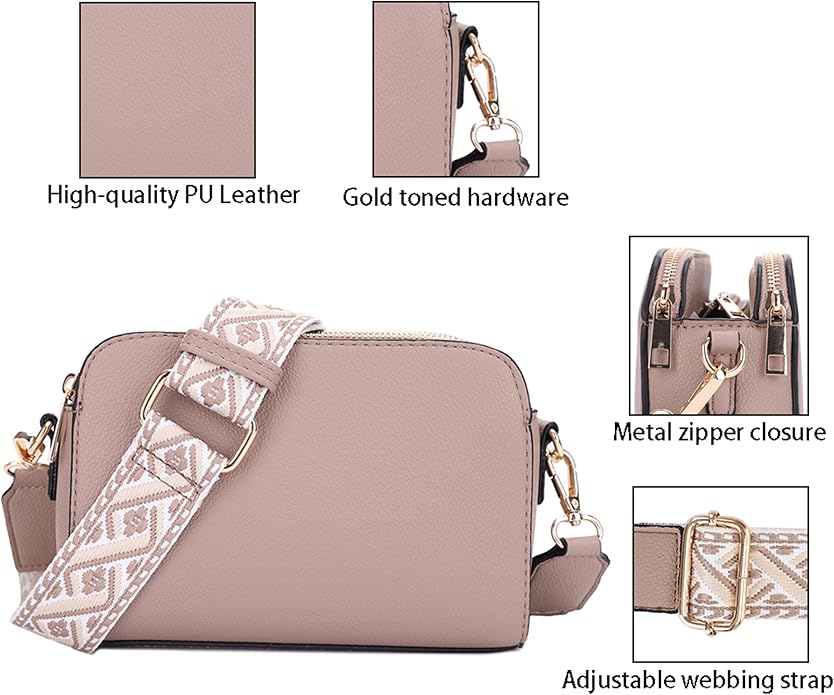 EVVE Crossbody Bags for Women Trendy Triple Zip Small Crossbody Camera Bag Purse with Wide Guitar Strap