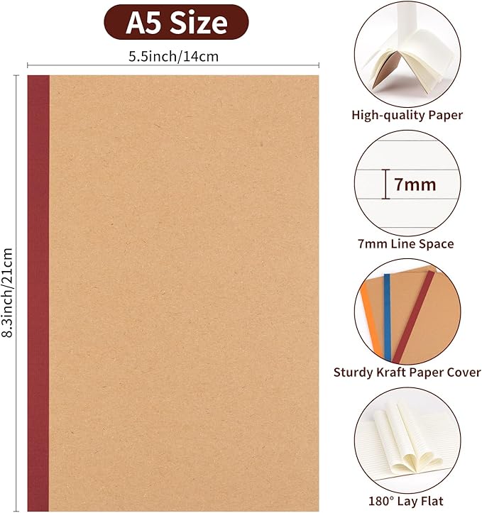 60 Pack Lined Notebook Journals Bulk, A5 College Ruled Composition Notebook, Kraft Cover with Vintage Spines, 8.3”x 5.5”, 15 Colors 60 Pages for School Office Travel
