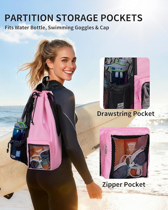 WANDF Swim Bag Mesh Drawstring Backpack with Wet Pocket for Swimming, Gym, and Workout Gear
