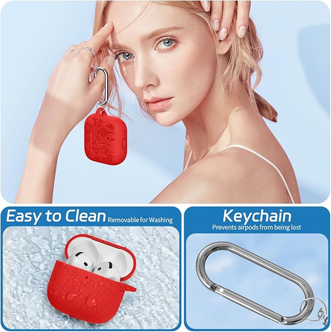for Airpods 4 Case, Ekoonpft Flower Engraved Cases for Apple AirPods 4th Generation 2024, Soft Silicone Cover for Women Girly with 3-in-1 Cleaner Kit, Keychain, Military Grade Protection