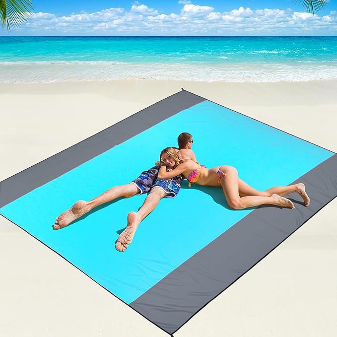 WIWIGO Beach Blanket Waterproof Sandproof Beach Mat 79" X 83"/10'x9'for 2-8 Adults Quick Drying Outdoor Picnic Mat Beach Accessories for Travel, Camping, Hiking