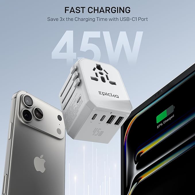 EPICKA Universal Travel Adapter GaN 45W, European Travel Plug Adapter with PD&QC Fast Charging(2 USB-A & 3 USB-C Ports) - Worldwide Travel Essentials, International Power Adapter for UK/US/AU (White)