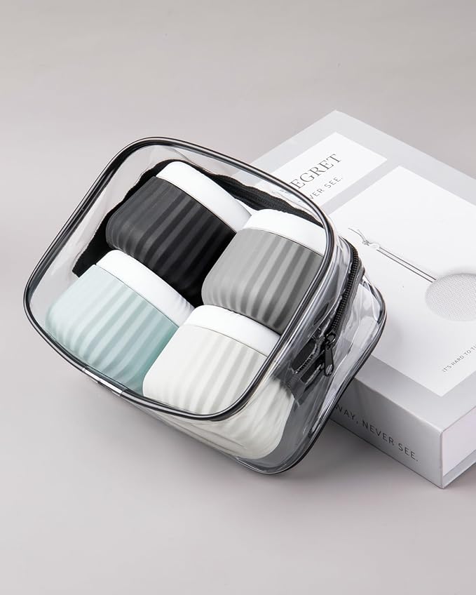 Mrsdry Travel Containers for Toiletries 4 Pack, TSA Approved Travel Size Toiletries, Travel Size Containers, With Clear Bag Leak Proof Silicone Jars, Travel Essentials Creams Jars Carrying Small Items