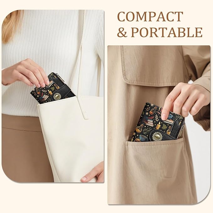 Icycay Book Witchy Wallet Women Small RFID Blocking Bifold, Credit Card Holder, Zipper Coin Pocket, PU Leather, Compact, Travel, 4 ID Window, 14 Card Slots, Cash Purse, Ladies Woman Female Girls