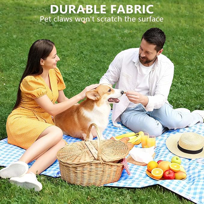 OBTANIM Extra Large Picnic Blanket 80 x 80 Inch Waterproof Foldable Beach Blankets Outdoor Picnic Mat for Camping Grass Lawn Park Music Festival Party Accessories (Blue and White)