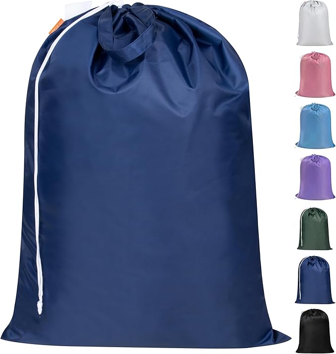 Polecasa Extra Heavy-Duty Laundry Bag 28x36”- Machine Washable Large Storage Bag with Reinforced Handles & Drawstring Closure & ID Tag for College Dorm Travel - Navy
