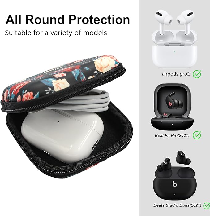 Earbud Case,Headphone Organizer Earbud Storage Bag, Hard EVA Shockproof Cover Carrying Case with Carabiner Clip Compatible with AirPods 4 AirPods Pro 2nd /3/2/1 Bose Galaxy (Vintage Rose)