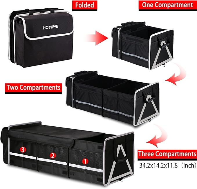 Homeve Car Trunk Organizer for SUV, 25Gal Large Capacity No-Sag Heavy Duty, Foldable Waterproof Anti-Slip Storage with 12 Pockets, Fit Sedan,Truck,Universal Car Accessories, Black, 3 Compart, Large