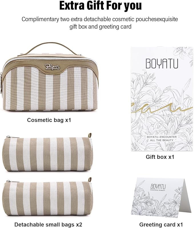 BOYATU Travel Makeup Bag Cosmetic Bag for Women: 3 Pcs Set Striped Make up Bag with Compartment - Waterproof Vegan Leather Toiletry Bag with Handle - Makeup Organizer for Travel Essential(A-6-Apricot)