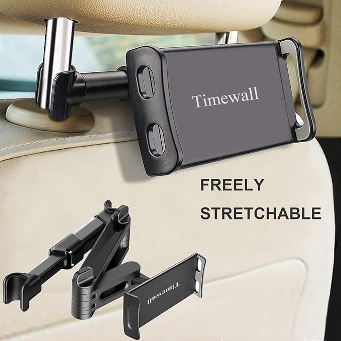 Timewall Car Headrest Tablet Mount, Backseat Seat Universal Cell Phone Holder 360 Swivel Rotating Angle Adjustable Stretchable for iPad iPhone, Samsung, Switch, 5-11" Tablet Phone Black