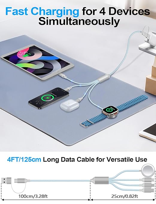 Travel Essentials,Multi Charging Cable for Apple Watch Charger/iPhone Charger/Samsung Charger,USB A & Type C Power Cable for iWatch Ultra/10-2/iPhone 17-11/Samsung S26,Serial Cables,Car[1.2M]-Blue