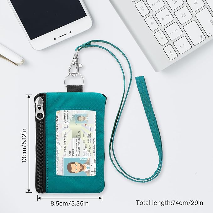 Minimalist RFID Wallet with Lanyard, Multi-Functional ID Case with 2 Zipper Pockets and Key Chain for Men and Women, Tactical Badge Pouch Cards Holder, Coin Purse for Travel - Peacock&Pink