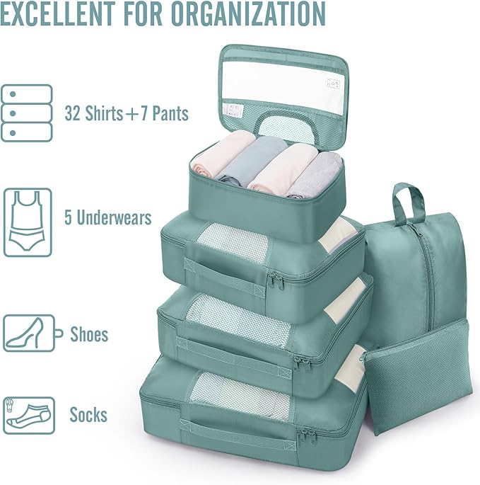 Veken 8 Set Packing Cubes for Travel Essentials,Anti-Wrinkle Buckled Suitcase Organizer for Shoe & Toiletry Bag,Carry On Luggage Bag for Airplane & College Dorm Room Accessories,Women Men Gifts