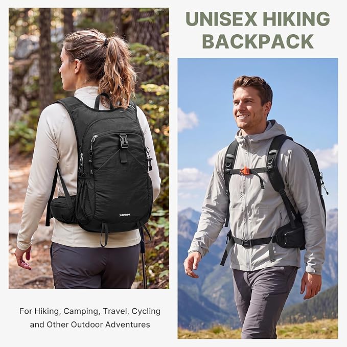 G4Free 20L Hiking Backpack with Waist Strap for Women Men, Lightweight Waterproof Daypack for Travel Camping Outdoor, Black