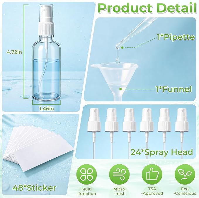 JTIEO 24 Pack 2oz(50ml) Small Glass Spray Bottle, Mini Travel Size, Clear Fine Mist Refillable Bottle for Essential Oils, Perfume & Hair, with Funnel, Pipette, 24 Spray Heads and 48 Waterproof Labels.