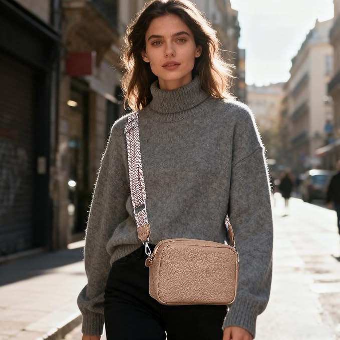 Small Crossbody Bags for Women Genuine Leather, Guitar Strap Shoulder Handbag Purse Camera Bag with Rfid Card Slots, Nude