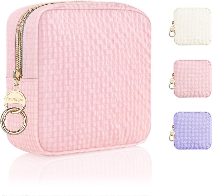 Plaid Period Bag, Small Period Pouches for Teen Girls, Quilted Sanitary Napkin Storage Bag, Compact Discreet Pad and Tampon Holder for Purse (MIni Plaid-Pink)