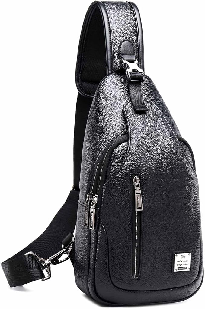 Small Sling Bag Crossbody Backpack Over the Shoulder Bag for Men Women Travel Outdoors, Lightweight Sling Chest Pack (Large, Pu leather)