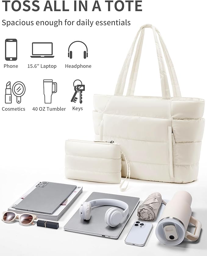 Bagstellar Puffer Tote Bag for Women, Lightweight Puffy Work Handbag Teacher Nurse Quilted Shoulder Bag for School Travel Gym | Cloud Bag w/ Zipper