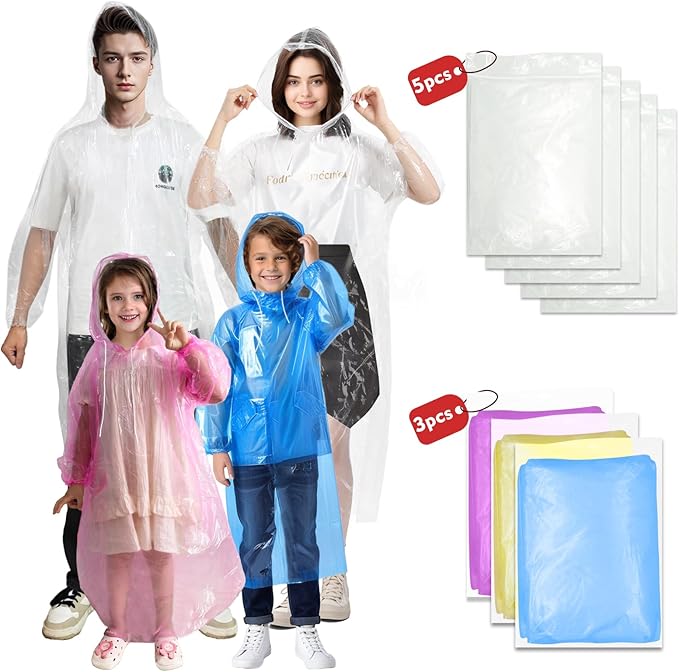 Ponchos Family Pack, Rain Poncho for Adults and Kids Disposable Emergency Rain Ponchos
